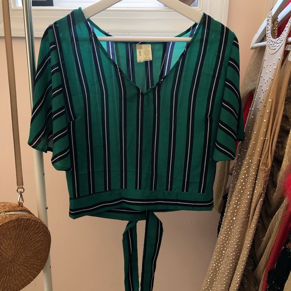 Green Striped Blouse w/ Back Detail!